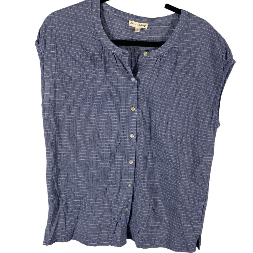 Jane and Delancey Pinstriped Chambray Sleeveless Blue Button-Up Women's Top Sz L